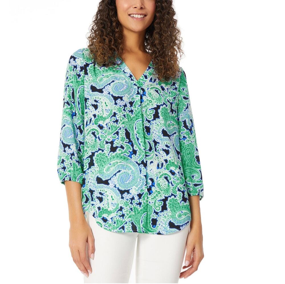 Jones New York V-Neck Pleat Front Tunic Size XL Green Blue Paisley Top Coastal